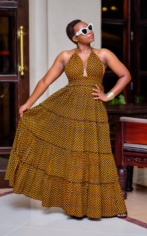 Evanuru Yellow African Print Max Dress